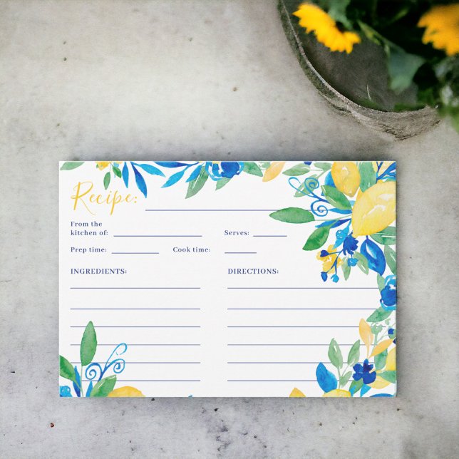 Italiensk citron blå blomsterlig skrift bröllopsre tilläggskort (Italian lemon blue floral script bridal recipe enclosure card)