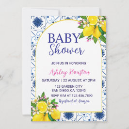 Italiensk citron blå kakel baby shower inbjudan