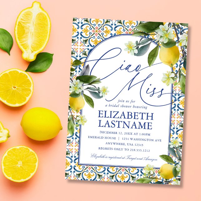 Italiensk citron bröllopsdusch-inbjudan inbjudningar (Italian lemon bridal shower invitation with blue tile design. Perfect Amalfi Coast them.)