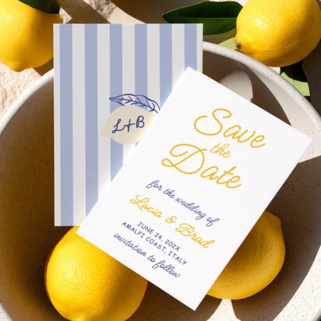 Italiensk citrongul och blårandig spara datumet (Italian Lemon Yellow & Blue Striped Save The Date)