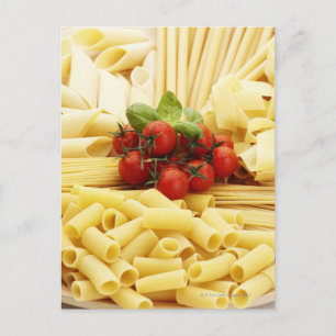 Italiensk cuisine. Pasta och tomatoes. Vykort