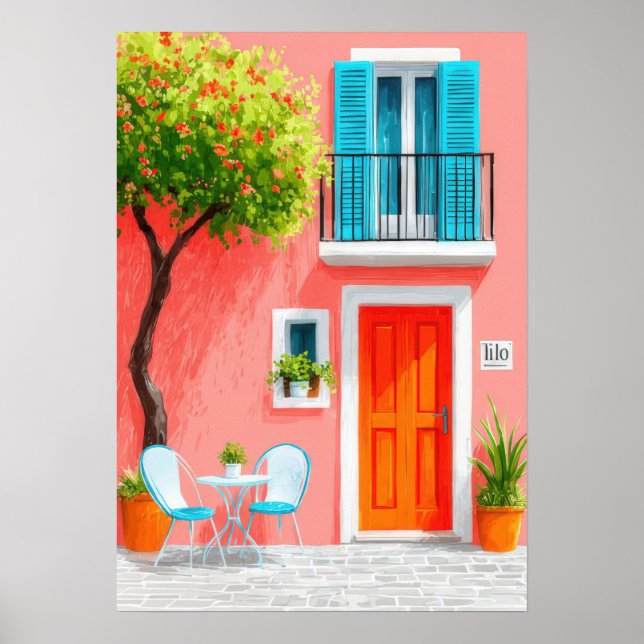 Italiensk fasad med ett blommande träd poster (Framsidan)