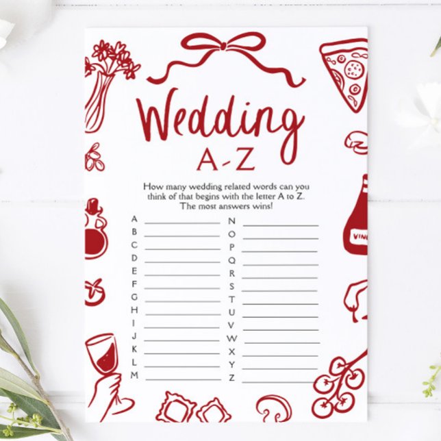 Italiensk Handritad Bröllop A-Z Bröllopsduschspel Inbjudningar (Italian Hand Drawn Wedding A-Z Bridal Shower Game)