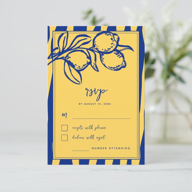 Italiensk Handritad Citron Handskriven Blå Bröllop OSA Kort (Stående Fram)