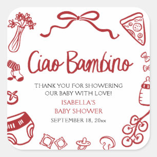 Italiensk Handritad Pizza Ciao Bambino Baby Shower Fyrkantigt Klistermärke