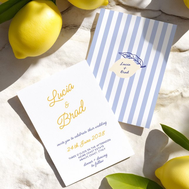 Italiensk Handskriven Gul & Blå Randig Bröllop Inbjudningar (Italian Hand Written Yellow & Blue Stripes Wedding Invitation)