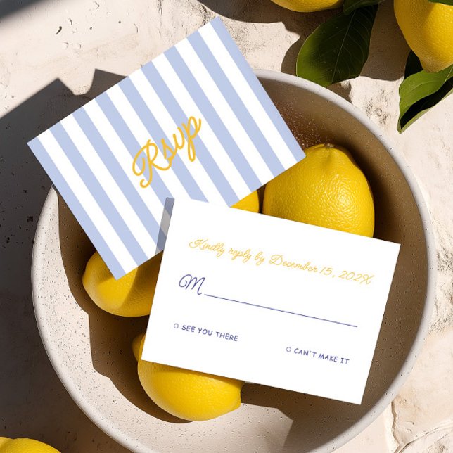 Italiensk Handskriven Gul & Blå Randig Bröllop OSA Kort (Italian Handwritten Yellow & Blue Stripes Wedding RSVP Card)