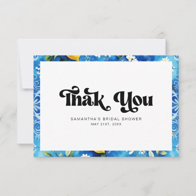 Italiensk kustblå akvarell citron bröllopsdusch tack kort (Framsida)