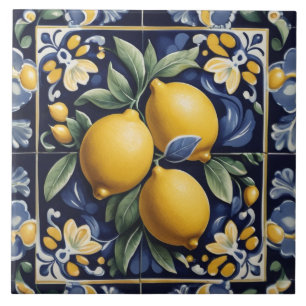 Italiensk lemon folk art mörk marinblå folklig kakelplatta