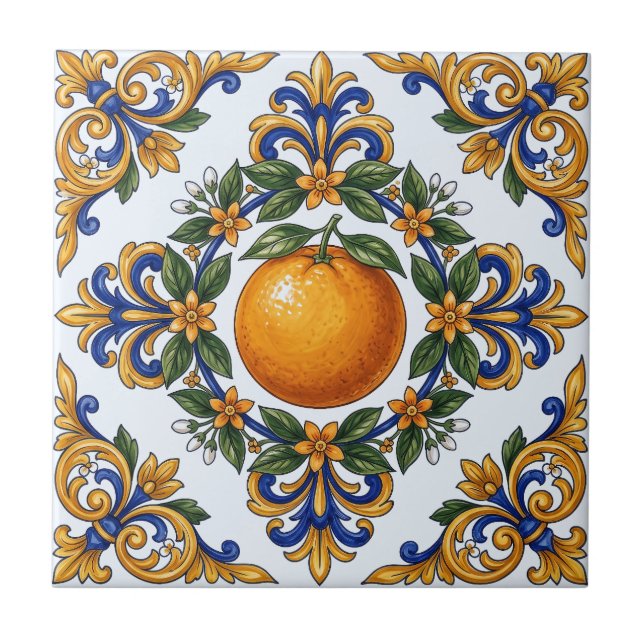 Italiensk majolika apelsin citrusdesign kakelplatta (Framsidan)