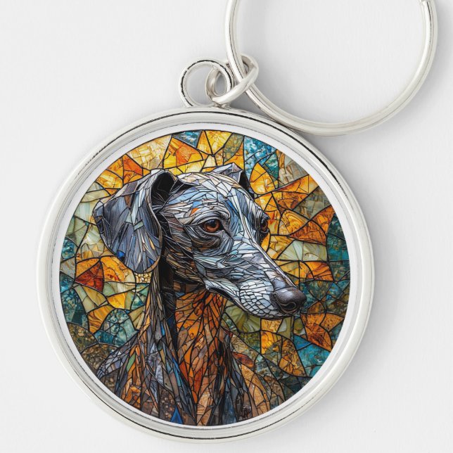 Italiensk Mops hund Elegant mosaikhund design Rund Silverfärgad Nyckelring (Framsidan)
