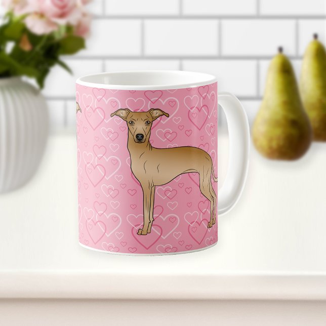 Italiensk Mopsgrå Fawn Hund på Rosa Hjärtan Kaffemugg (Skapare uppladdad)