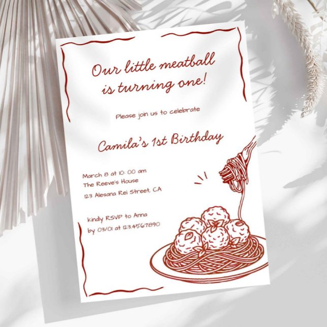 Italiensk Pasta ”Vår lilla köttbulle” födelsedag Inbjudningar (spaghetti birthday invitation, little meatball invite, italian birthday party, pasta birthday invita)