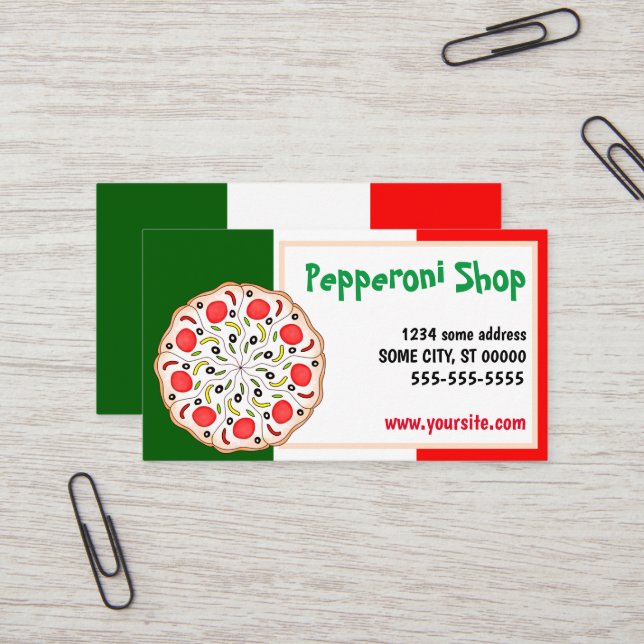 Italiensk Pepperoni pizzeria restaurang Visitkort (Fram/Back In Situ)