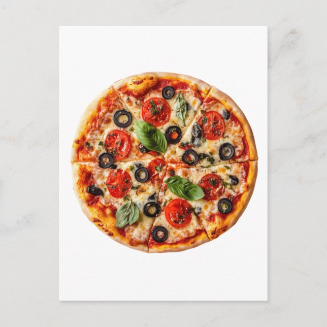 Italiensk pizza med tomater, oliver och basilika vykort (Framsida)