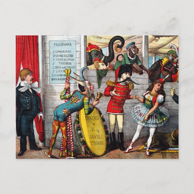 Italiensk politisk skämtteckning med cirkusartiste vykort (Framsida)