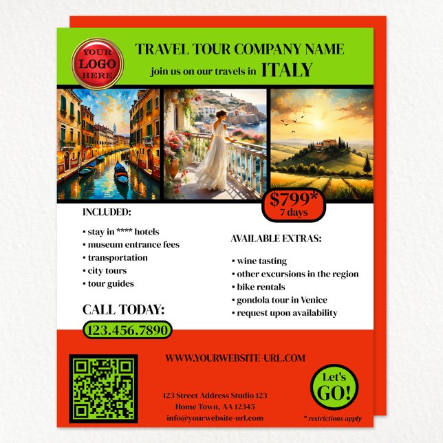 Italiensk resefotomall reklamblad (A travel agency flyer with your logo, QR code and 3 photos)