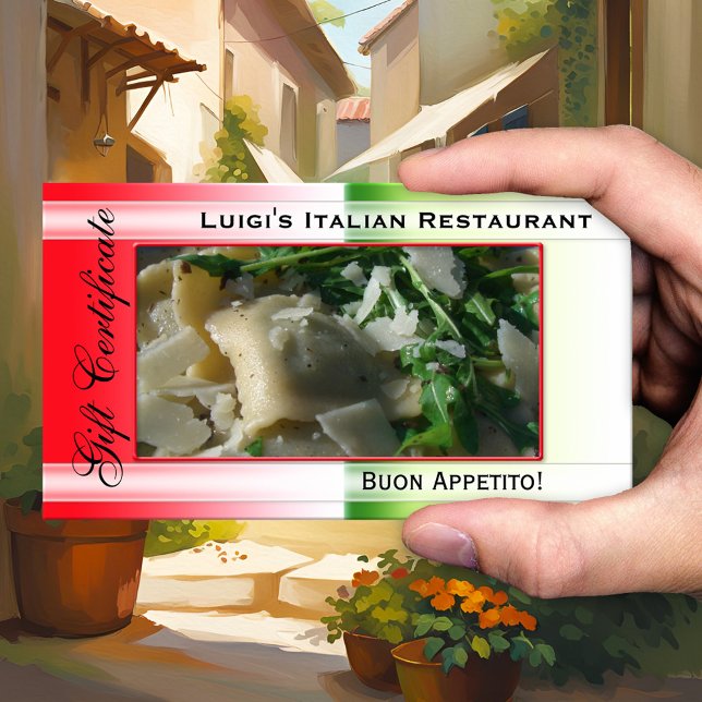 Italiensk restaurang presentkortsmall rabattkort (Gift certificate template for an Italian restaurant in the colors of the Italian flag - QR code)