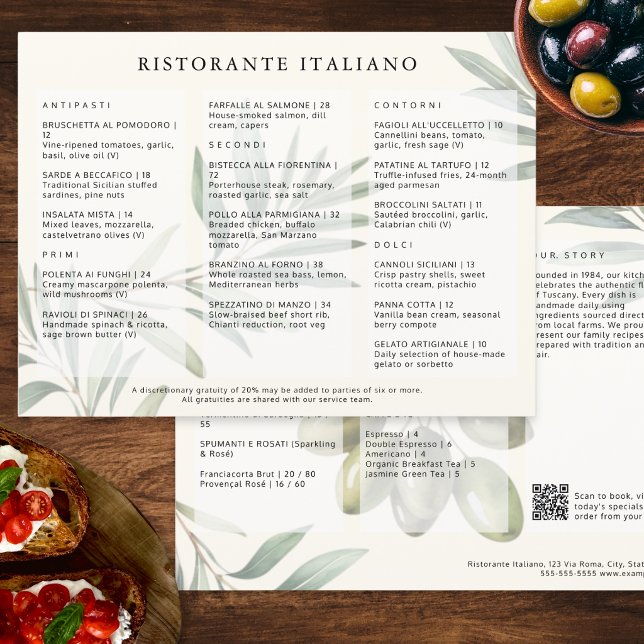 Italiensk restaurang stilren modern QR-kod meny (A menu for an Italian restaurant, with olives design and customizable QR code and text)