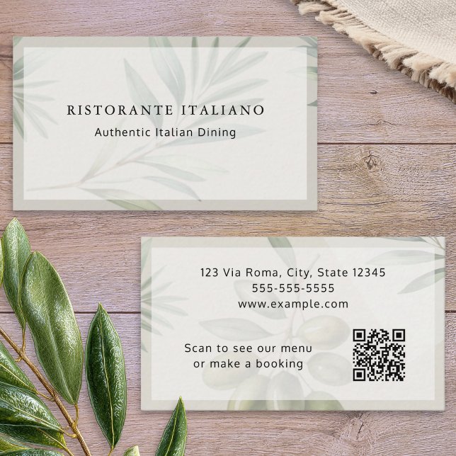Italiensk restaurang stilren modern QR-kodmeny Visitkort (A customizable business card template for an Italian restaurant, with olives design and QR code)