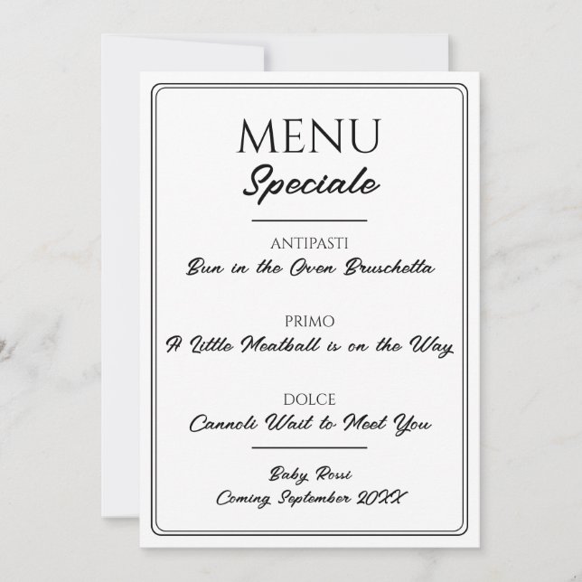 Italiensk restaurangmeny graviditetsannonsering  meddelande (Framsida)