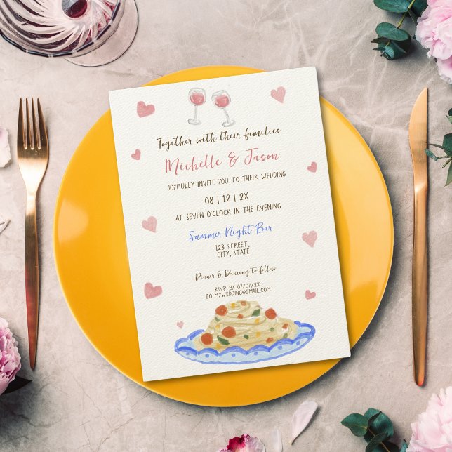 Italiensk Retro Whimsical Roligt Hand plockade Pas Inbjudningar (whimsical hand drawn pasta and vino for the italian wedding invitation)