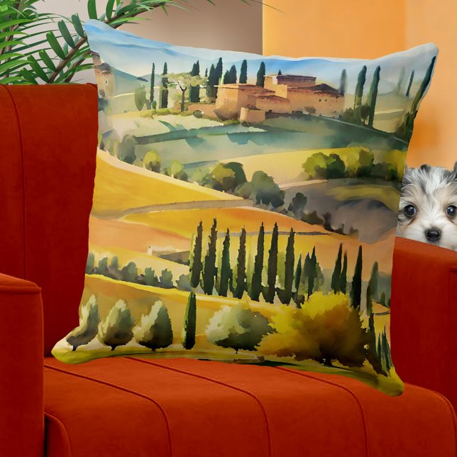 Italiensk toskansk akvarelllandskap kudde (Pillow featuring a watercolor painting of an Italian Tuscan landscape.)