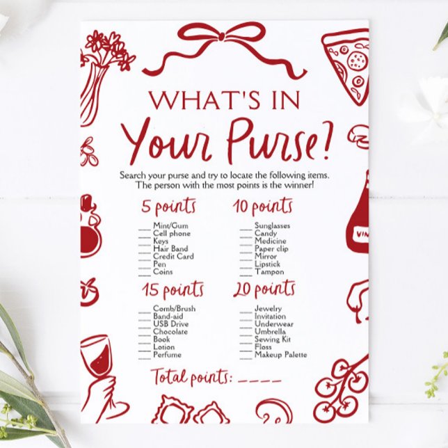 Italiensk Vad Har Du I Din Handväska Bröllopsdusch Inbjudningar (Italian What's In Your Purse Bridal Shower Game)