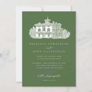 Italiensk villa illustration Olivgrön bröllop Inbjudningar