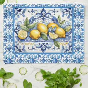 Italienska Amalfi blå vita plattor citroner Kökshandduk
