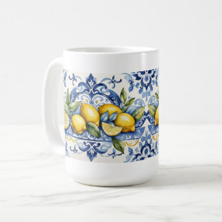 Italienska Amalfi blå vita plattor och citroner Kaffemugg