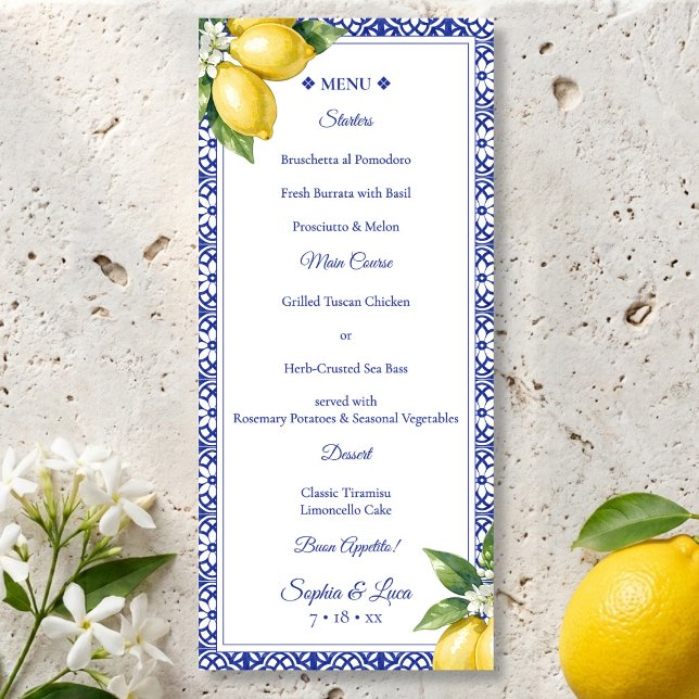 Italienska Amalfi Citron Blå Kakel Bröllopsmeny Meny (Italian Amalfi Lemon Blue Tile Wedding Menu)