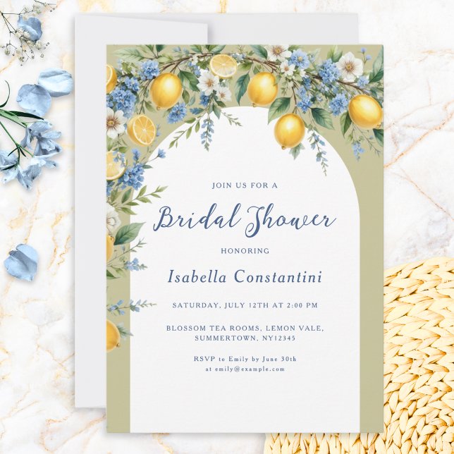 Italienska Amalfi-citroner gula blåa bröllopsdusch Inbjudningar (An elegant bridal shower invitation with lemon fruit and flowers arch, in an Italian coastal style)
