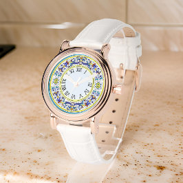 Italienska Antico Deruta Intricate Blue Blommigt D Armbandsur
