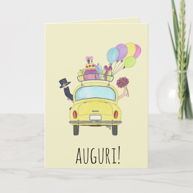 Italienska Auguri Bröllopsdag Gult Retro Car Kort (Framsida)