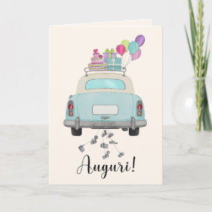 Italienska Auguri-Bröllopsdagen Blue Retro-bilen Kort