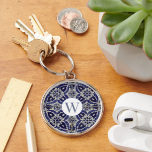 Italienska Azulejo Blue White Geometric Monogramme Rund Silverfärgad Nyckelring