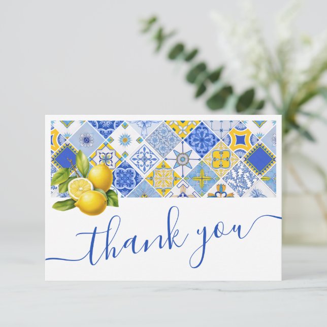 Italienska blå kakel Citron Sommar Bröllopsfest  Tack Kort (Stående Fram)