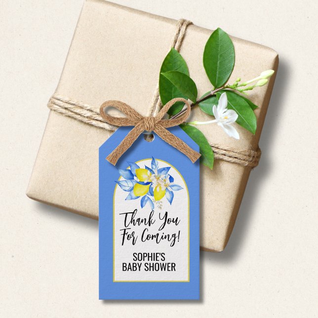 Italienska blå kakelplattor, Hej bebis, Gula citro Presentetikett (Skapare uppladdad)