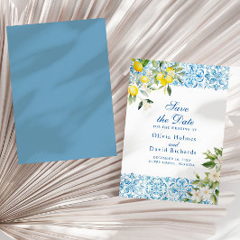 Italienska Blå Kakelplattor och Citron Spara Datum Datumet