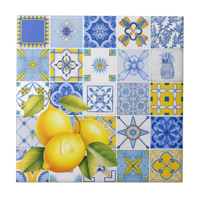 Italienska Blå Mönster Lemon Sommar Bridesmaid Gif Kakelplatta (Framsidan)