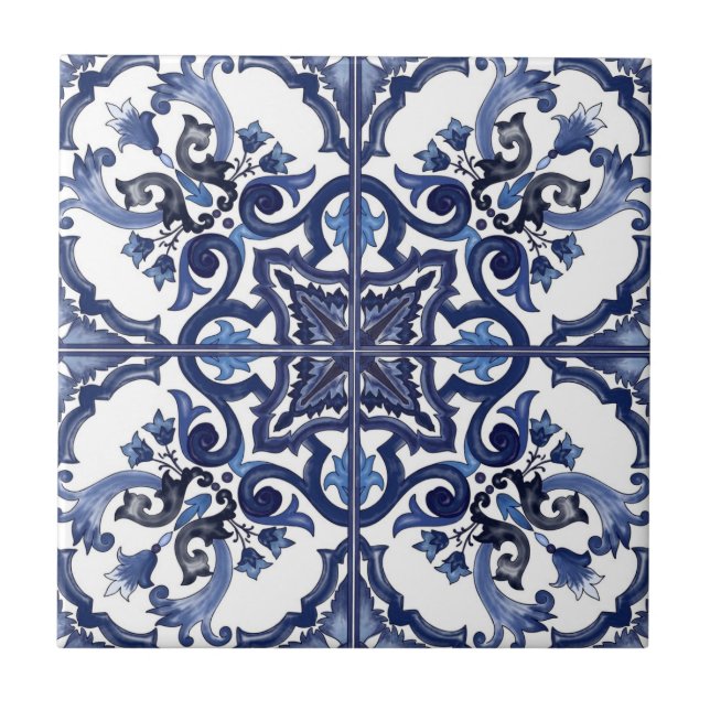 Italienska Blå och vita sicilianska Majolica Mosai Kakelplatta (Framsidan)