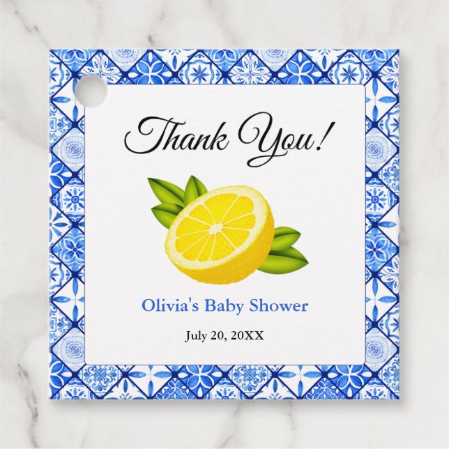 Italienska Blå plattan Lemon Baby Shower-Tack Gåvor Etiketter (Framsida)