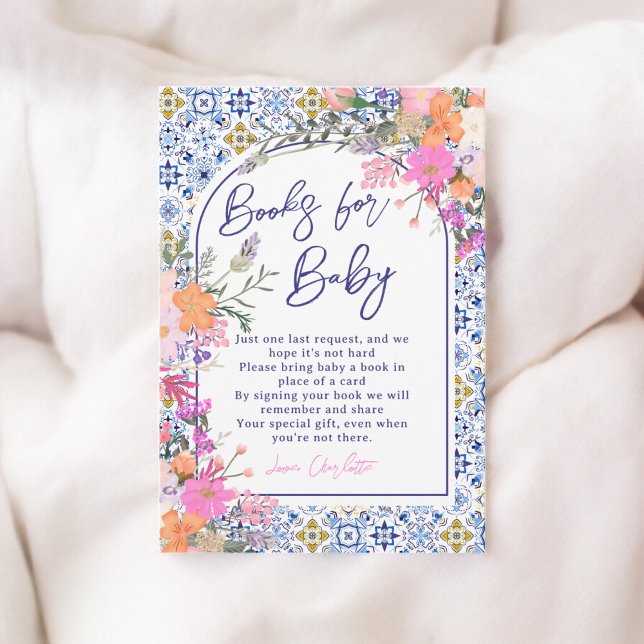 Italienska blå plattor blommigt bokar för babydusc tilläggskort (Italian blue tiles floral books for baby shower enclosure card)