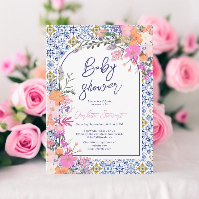 Italienska blå plattor, vattenfärgsdusch för blomm inbjudningar (Italian blue tiles watercolor floral baby shower invitation)