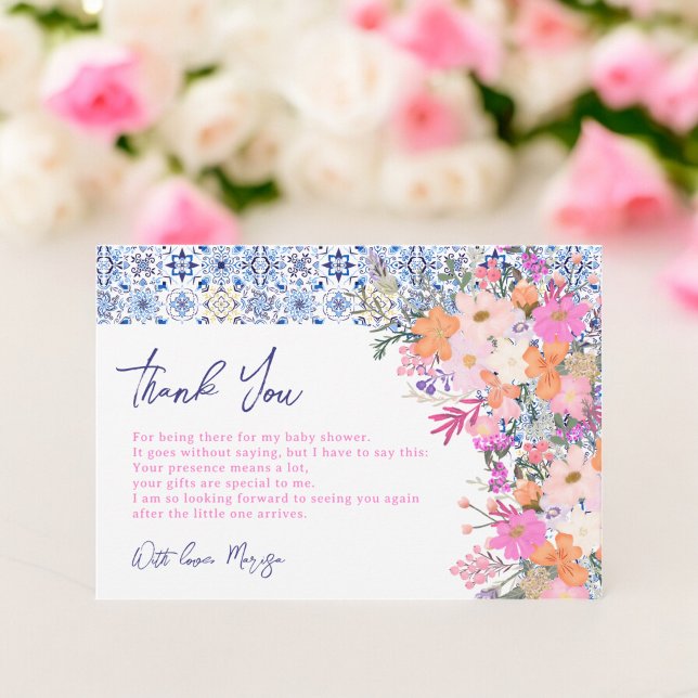Italienska blå plattor, vattenfärgsdusch för blomm tack kort (Italian blue tiles watercolor floral baby shower thank you card)