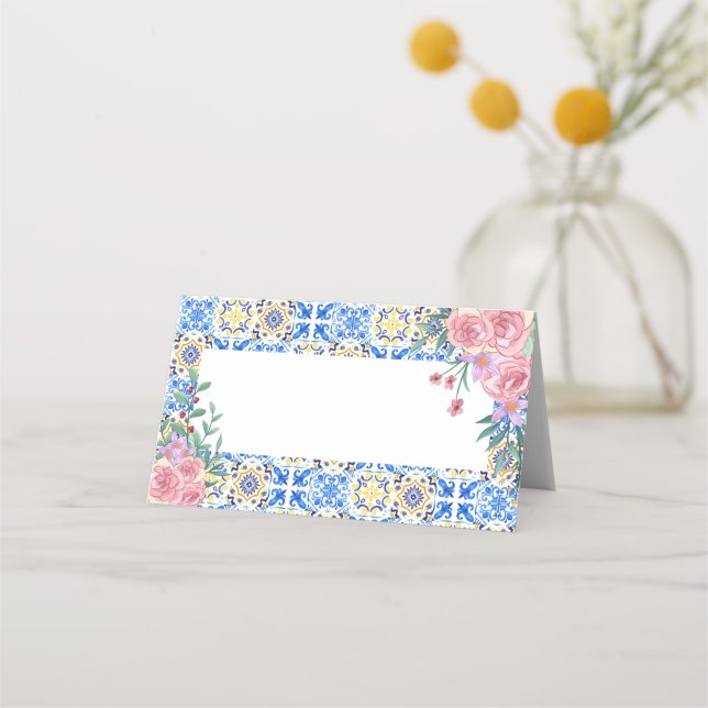 Italienska blå tile mamma Mia Blank Placeringskort (Framsida)