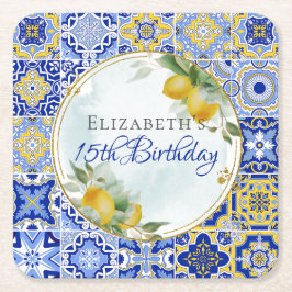 Italienska blå tiles Lemons Guld Glitter Ram Underlägg Papper Kvadrat