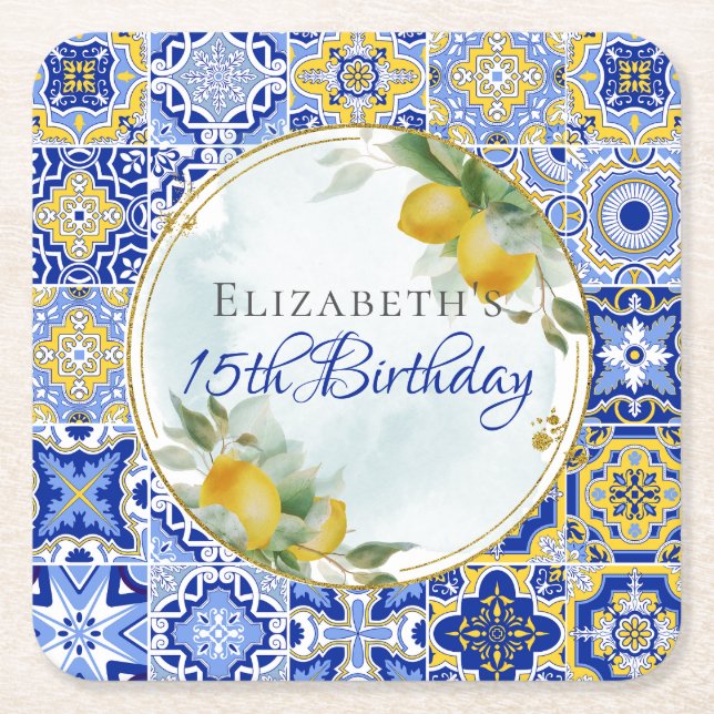 Italienska blå tiles Lemons Guld Glitter Ram Underlägg Papper Kvadrat (Framsidan)