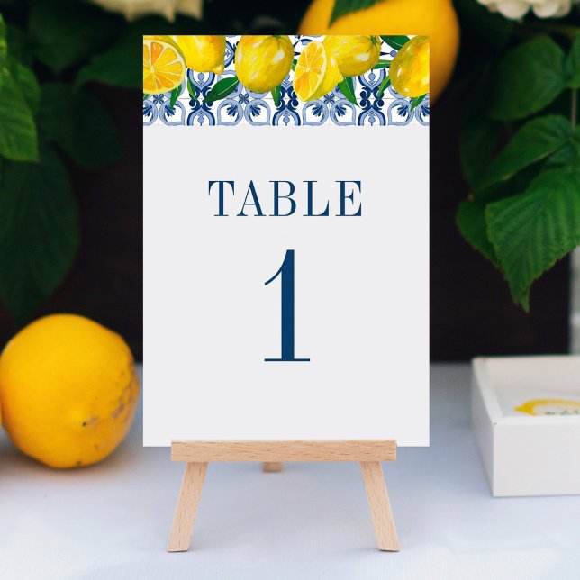 Italienska blå vattenfärgen Lemon Bröllop Bordsnummer (An elegant Mediterranean  lemon themed wedding table place card)